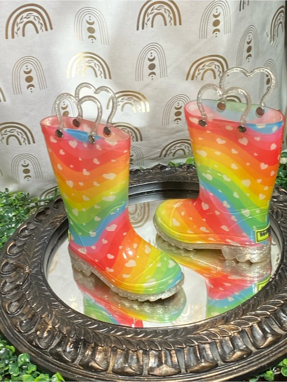 Western Chief Rainbow Heart Kids Rain Boots with Glitter Handles